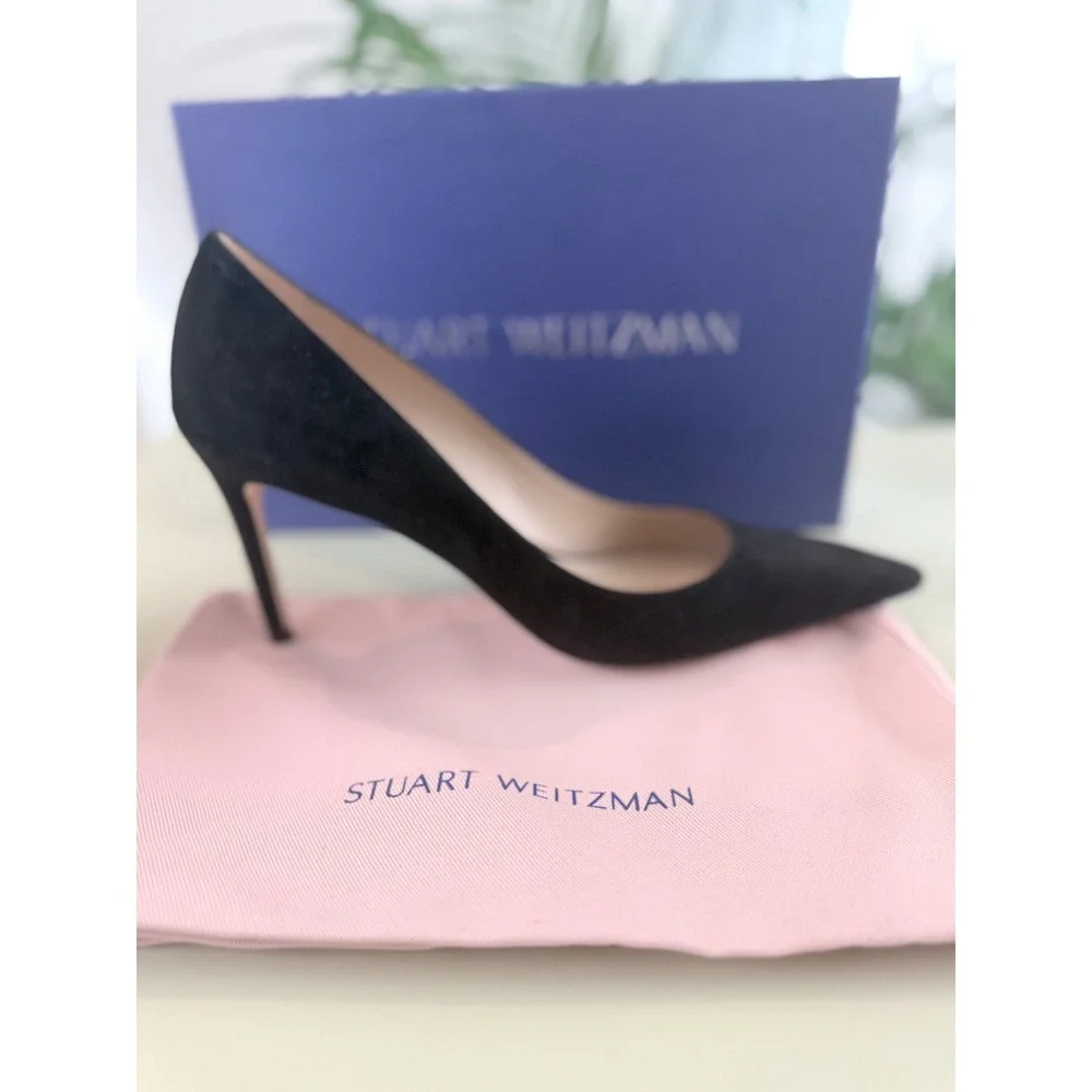 Stuart Weitzman Stuart 85 Pump Black Suede Pointed Toe Stiletto Heels 9.5AA 40